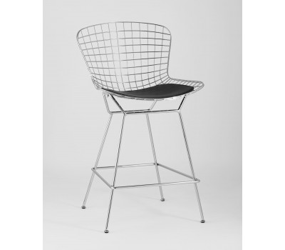 Стул полубарный с низкой спинкой Bertoia хромированный с черной подушкой 